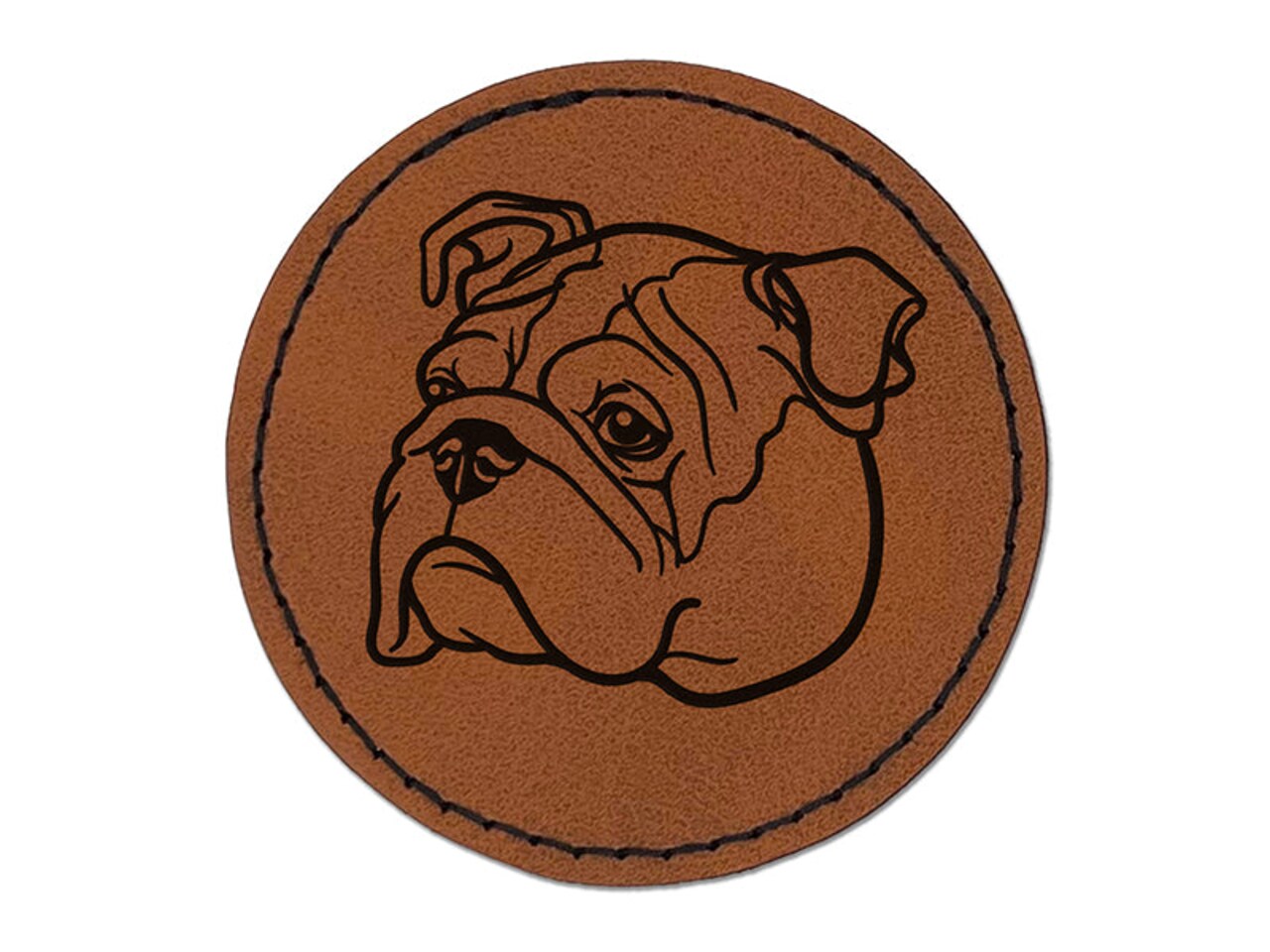 English Bulldog Head Round Iron-On Engraved Faux Leather Patch Applique - 2.5"